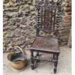 A 19th century carved chair with later seat together with a brass coal scuttle