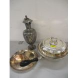 Three items of large silver plated to include a 1922 claret jug presented to Major Monro Auchenbowie