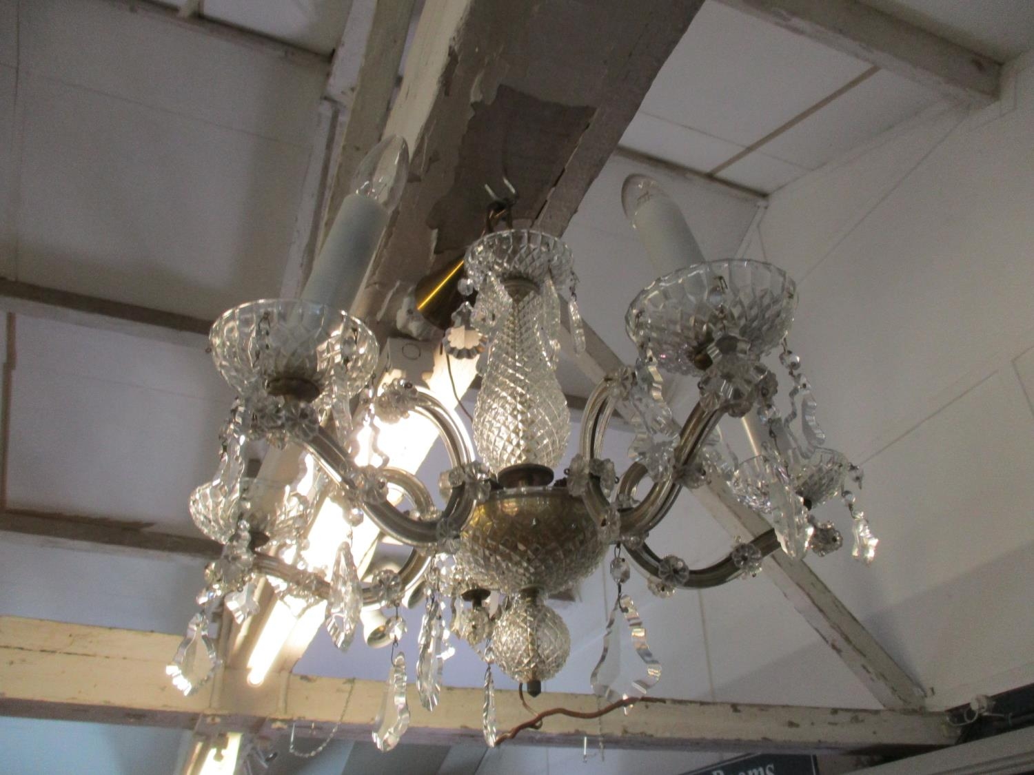 A brass and pressed glass five branch chandelier Location: SLCeiling - Image 2 of 6