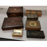 Seven boxes to include a brass inlaid rosewood box with bone games counters, on other rosewood