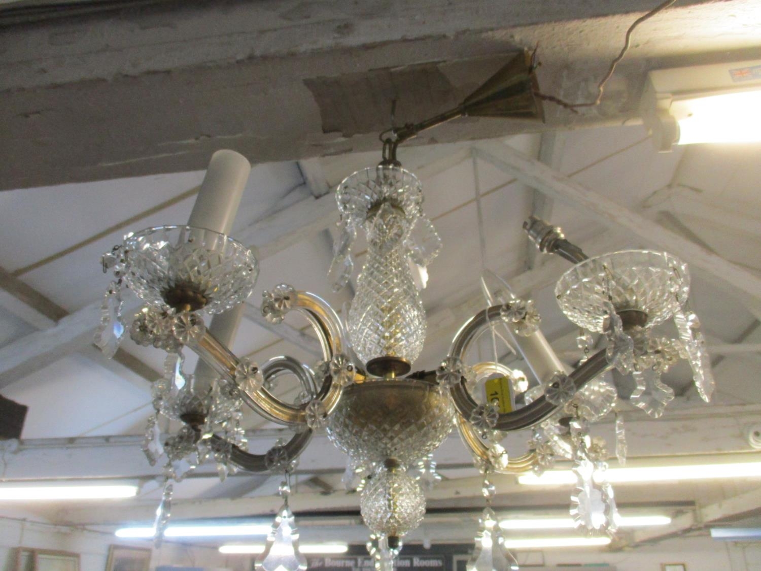 A brass and pressed glass five branch chandelier Location: SLCeiling - Image 3 of 6