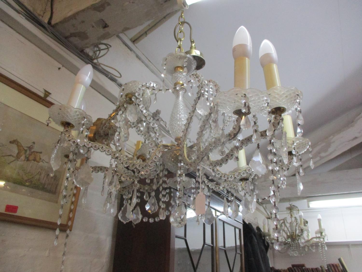 Three 20th century glass drop chandeliers, eight arm, A/F together with boxes of miscellaneous glass