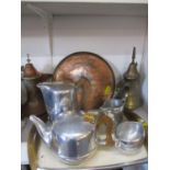 A five piece Picquot ware tea set to include a tray together with two Turkish coffee pots and a