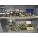 A selection of silver plate to include a pair of servers in a James Ramsey box, tureens, trophy