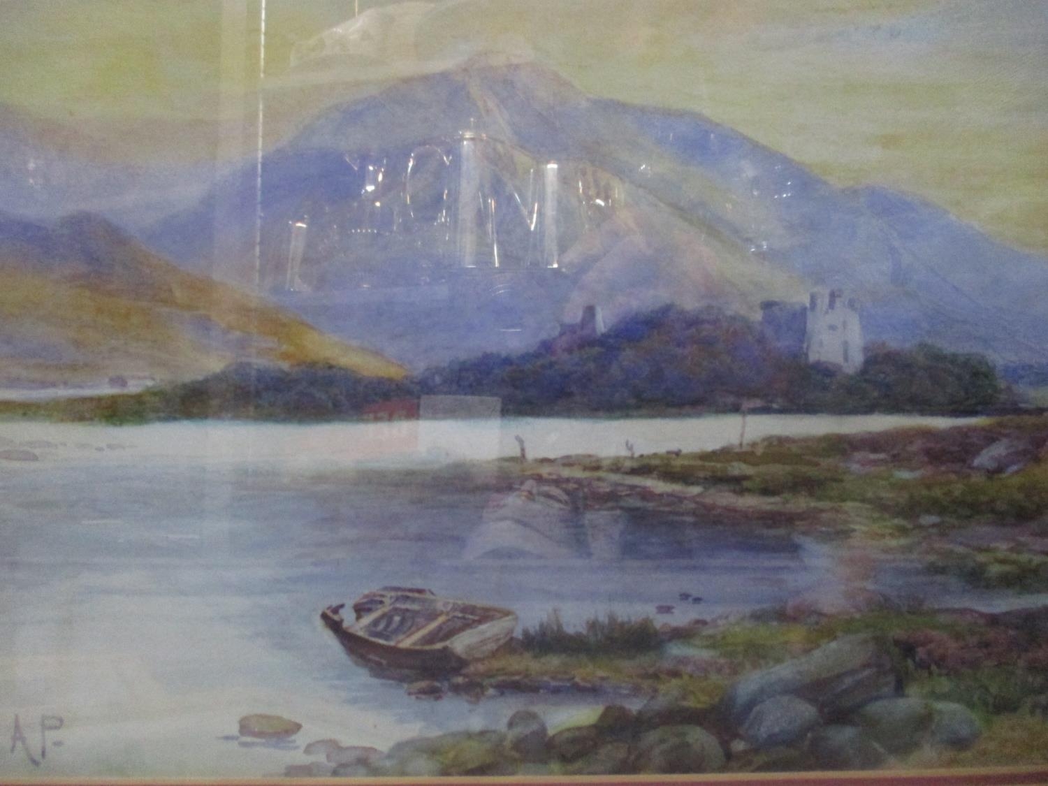 A framed and glazed watercolour of a Highland loch scene with a wooden boat to foreground, castle - Image 2 of 5
