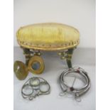 A Victorian aesthetic green and gilt footstool with yellow silk upholstery A/F together with three