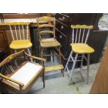 A pair of painted beech bar stools, a late 19th century beech clerk stool and a piano stool