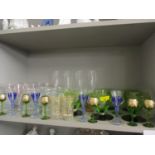 A set of six Venetian tall stemmed liqueur glasses, a set of five Art Deco style green glass dessert