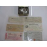 Silver, copper and other foreign and English coins, cheques and receipts to include George V