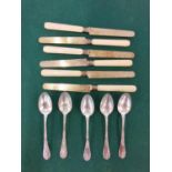 Five French silver tea spoons together with a set of six French butter knives with bone handles