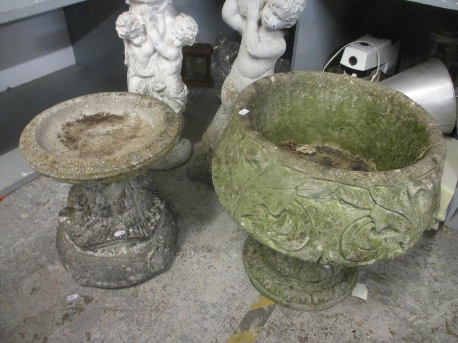 Mixed stoneware garden items to include a statue, sundial, bird bath and a planter Location: - Image 3 of 3