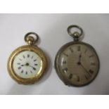A vintage 14ct gold case pocket watch together with a silver pocket watch Location: CAB