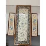 Three Chinese silk embroidered panels (largest 95 x 35cm) Location: Rostrum