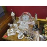 A Bohemia crystal mantel clock, glass paperweight and other ornamental glass items, together with