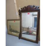 A 19th century rosewood mirror A/F together with a framed print. Location:A1