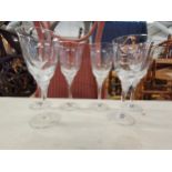 A set of six French crystal wine glasses with frosted butterfly decoration, marked HM France