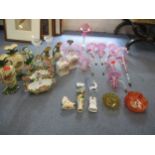 A Victorian Cranberry glass table centre piece, ephemera and miscellaneous china and glassware