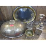 A silver plated meat cover with handle, a silver plated candle stick and other items Location: A1