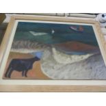 Flora McDonnell - oil on board entitled Black Heiffer watching Sand Martins, 61cm x 45cm, framed