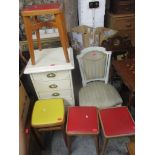 Mixed furniture to include far vintage stools, a cram painted chair and bank of drawers