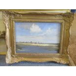 An oil on board depicting the River Thames in Tilbury 34cm x 24cm, framed