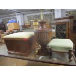 Two footstools, together with a table lamp in the form of an urn