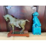 A Chinese bronze Tang horse, signed, together with a Chinese turquoise glazed dog of fo Location: