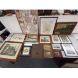 Framed art work to include a pen and ink drawing of Hampton Court by Marten Van der Loo, an