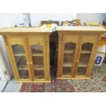 Two pine twin glazed wall hanging display cabinet with internal shelves, 95 x 70 x 21cm