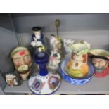 Royal Doulton character jugs and others, Staffordshire figures, a commemorative ship's decanter, a