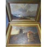 A pair of 20th century British school oils on canvas mounted on boards, in gold painted frames,