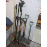 Garden tools to include, spades, forks and hoes