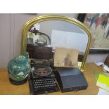 An overmantel mirror, together with a Japanese ginger jar on a stand, a print and a typewriter