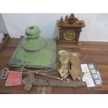 A mixed lot to include a vintage hanging light, oak mantel clock, golf course markers and other