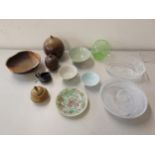 A mixed lot to include an oval Waterford fruit bowl, a Chinese Famille Verte plate, studio pottery