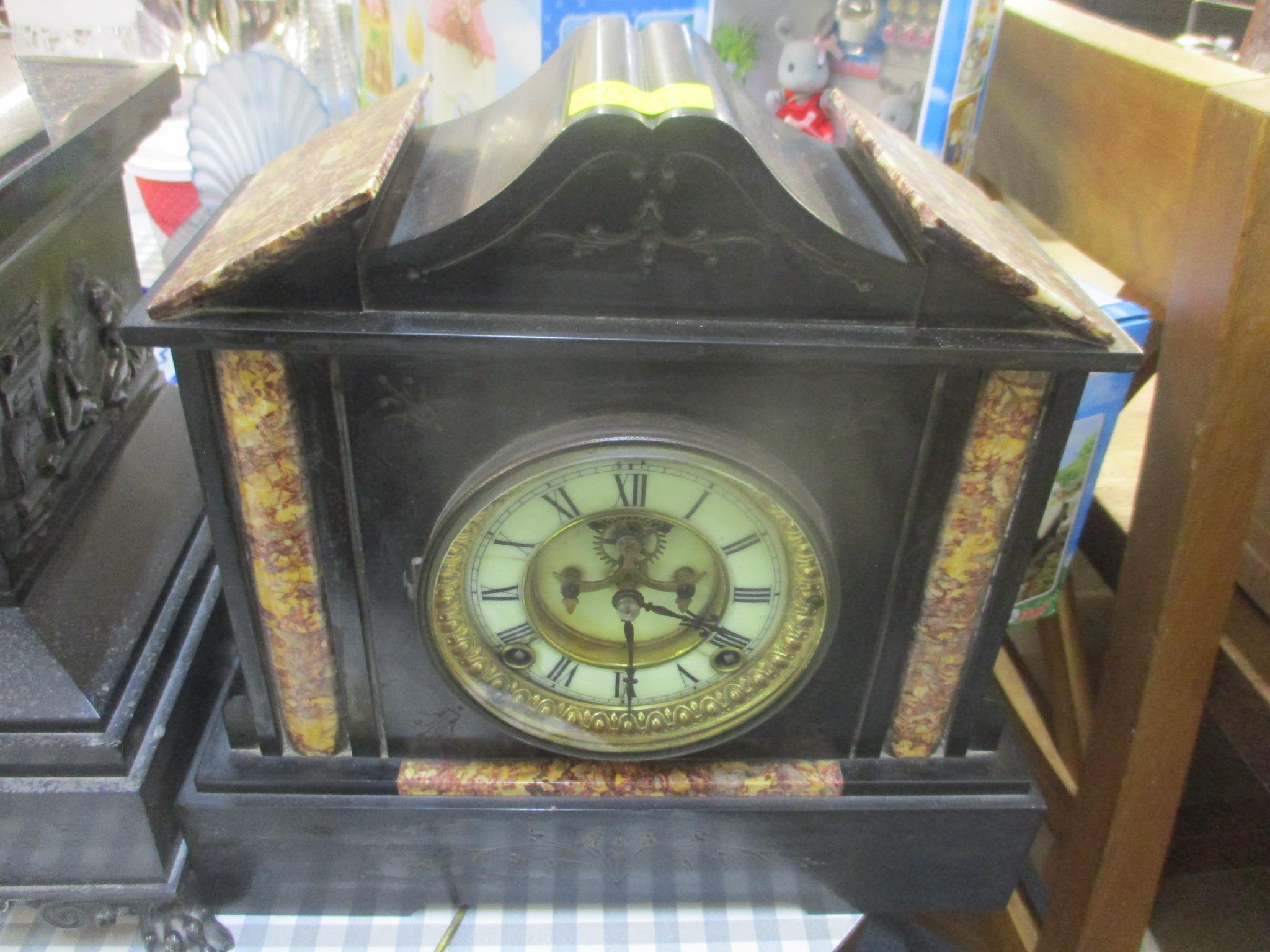 A late 19th century marble cased American Ansonia mantel clock having an enamel dial with Roman - Image 3 of 3