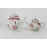 Two 18th century Chinese export famille rose polychrome enamelled teapots, the larger decorated with