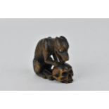 A Japanese carved wood netsuke, 19th century, modelled as a wolf and skull, with textured hair and