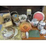 A mixed lot to include a leather clad jug, an orange Carnival ware bowl, a treen ice bucket with