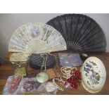Two 19th century lace fans, one with painted decoration, costume jewellery and hand bags