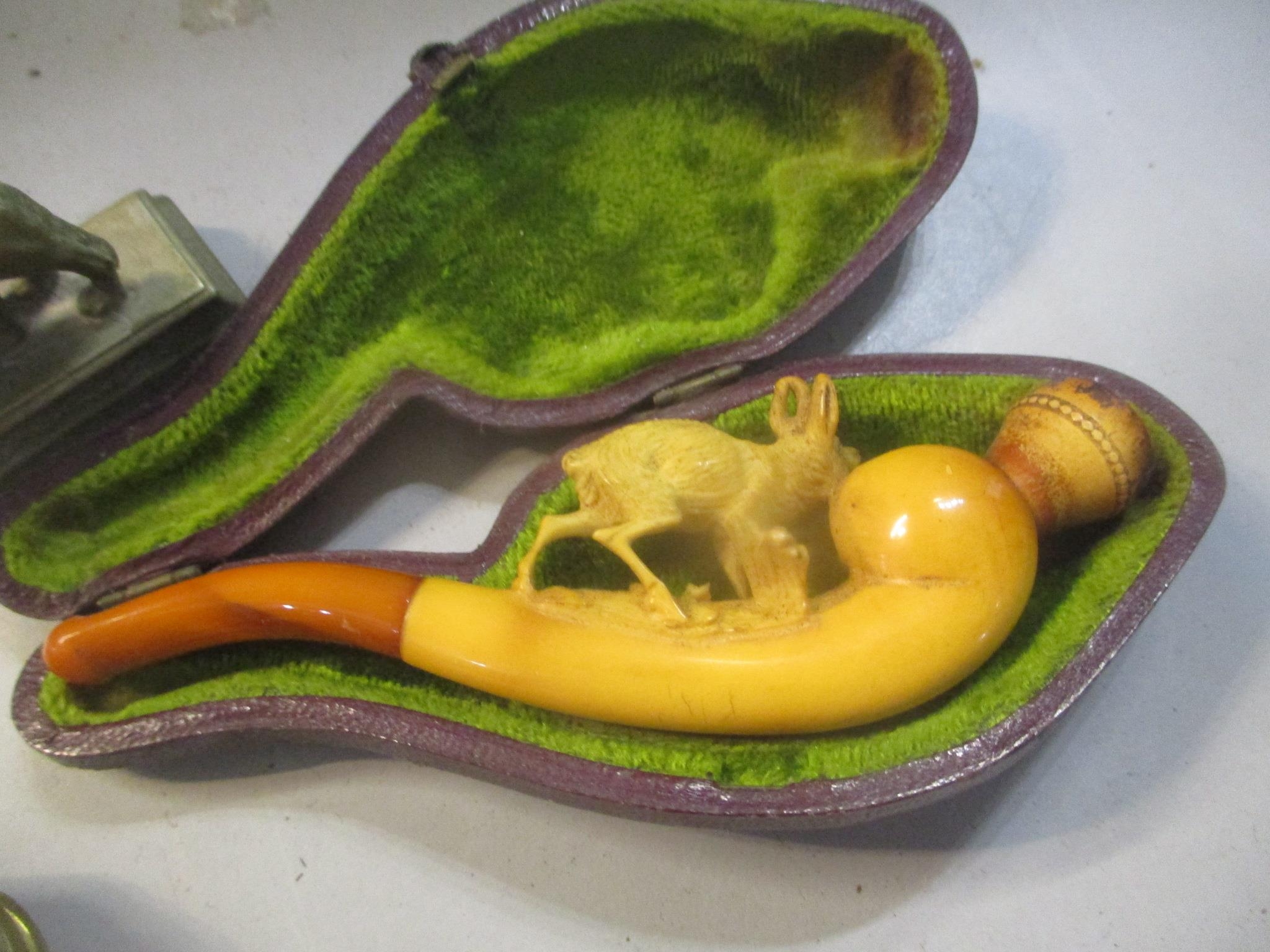 A late 19th century Meerschaum carved pipe in a case together with a tortoise shell box and a - Image 2 of 4