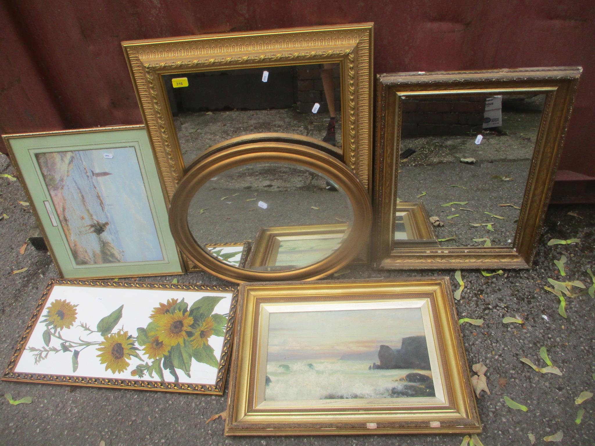 A mixed lot of pictures and mirrors to include a late 19th/early 20th century oil painting depicting