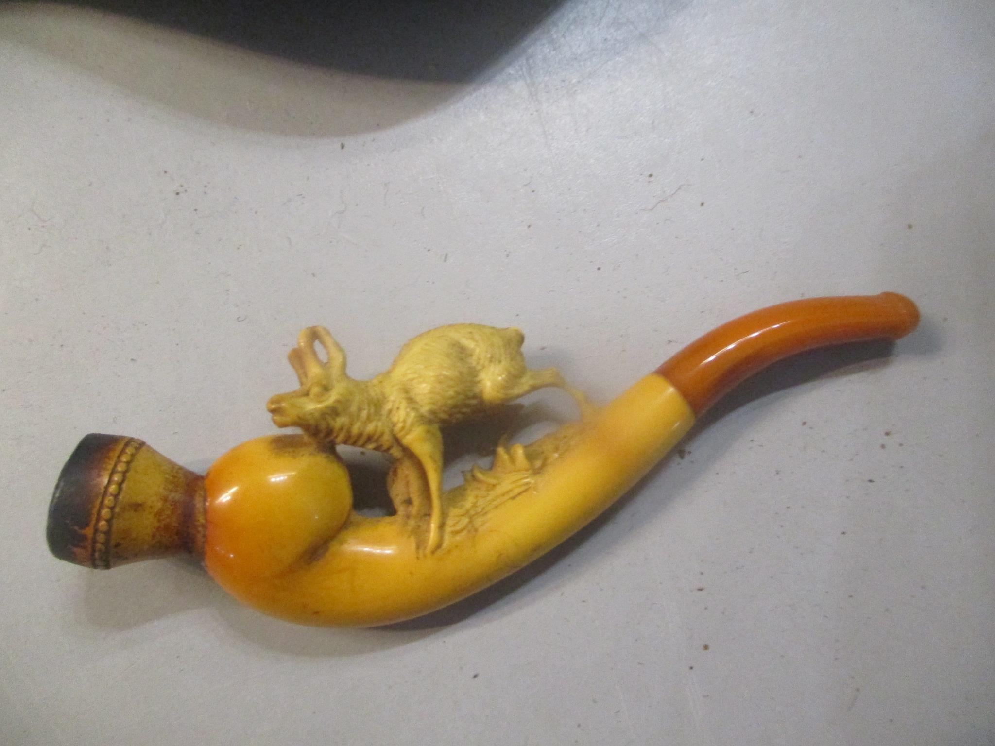 A late 19th century Meerschaum carved pipe in a case together with a tortoise shell box and a - Image 3 of 4