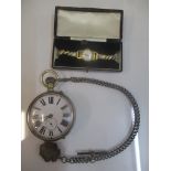 A Goliath pocket watch, a silver watch chain and a ladies gold plated and steel watch