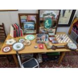 Mixed items to include two advertising mirrors, records, Citron books, a barometer, decorative