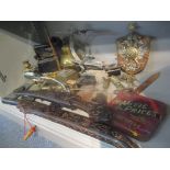 A mixed lot to include a Guernsey jug, gold leaf, cigarette case, a Spitfire and Lancaster novelty