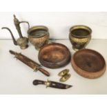 A mixed lot to include Middle Eastern brassware, treen bowls, carving set, together with a knife