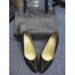 A modern black leather Osprey handbag together with a pair of vintage Peter Lord high heel velveteen