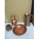 Copperware to include an L.R.I Borrowdale arts and crafts dish, a Victorian jelly mould stamped 266,