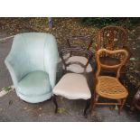 Mixed chairs to include an Art Deco bedroom chair, wheel back armchair and two Victorian rosewood